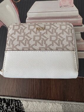 DKNY Two-Tone Monogram Compact Wallet in  Tan and White